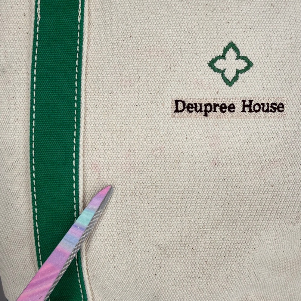 Lands End Medium Tote Bag 5 Pocket Zipper Green Natural Canvas *Has Embroidery - Picture 16 of 16